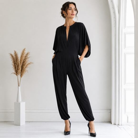 Norma Kamali Pants - Norma Kamali Black Dolman Sleeve Jumpsuit Harem Tapered Minimalist M